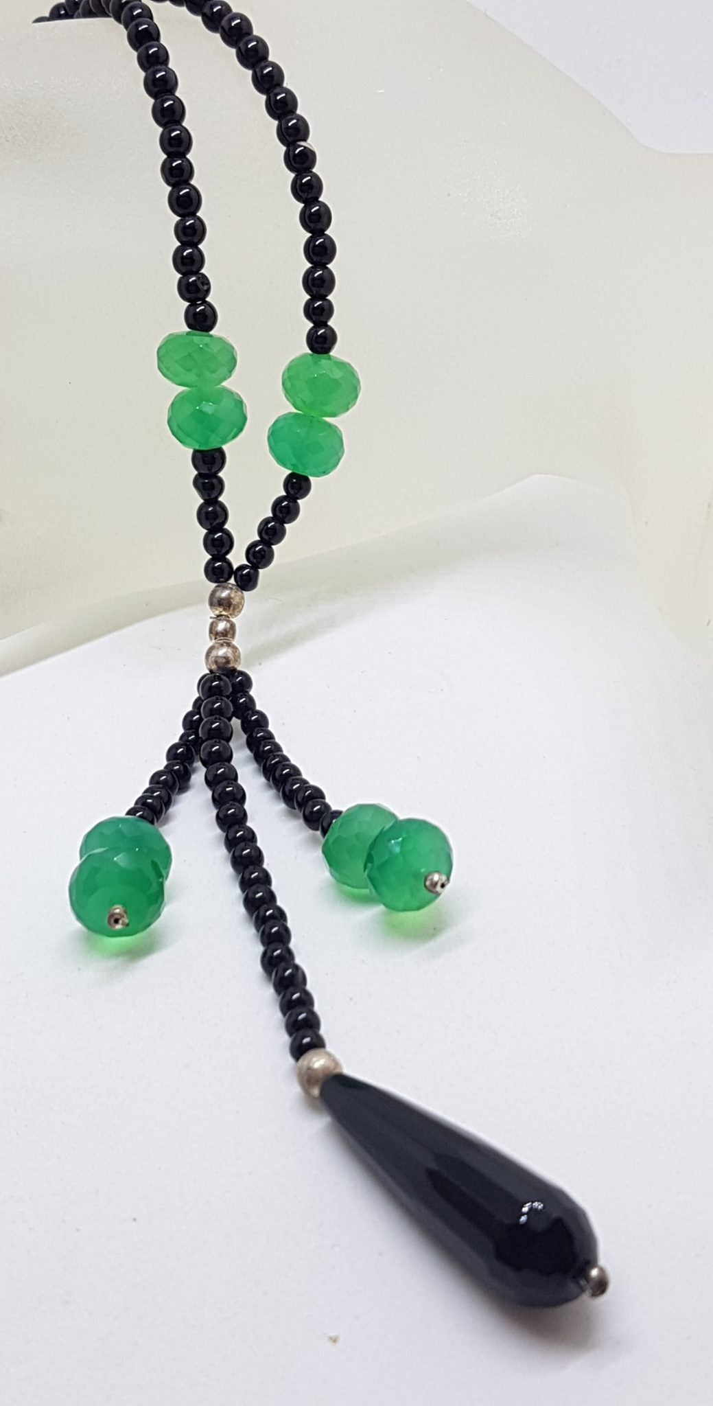 Sterling Silver Green and Black Onyx / Agate Tassel Bead Necklace