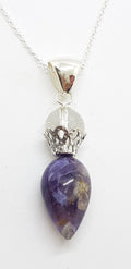 Sterling Silver Amethyst &amp; Clear Crystal Quartz Pendulum Pendant on Silver Chain