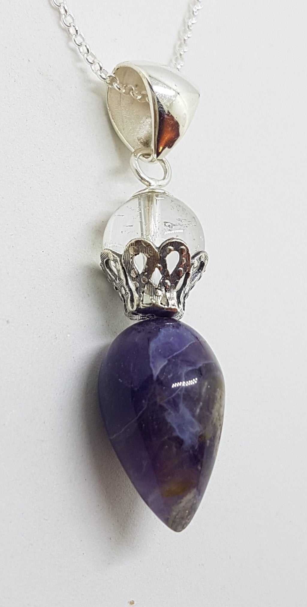 Sterling Silver Amethyst &amp; Clear Crystal Quartz Pendulum Pendant on Silver Chain
