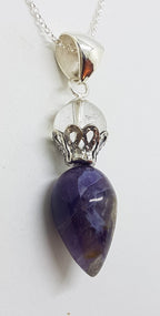 Sterling Silver Amethyst &amp; Clear Crystal Quartz Pendulum Pendant on Silver Chain