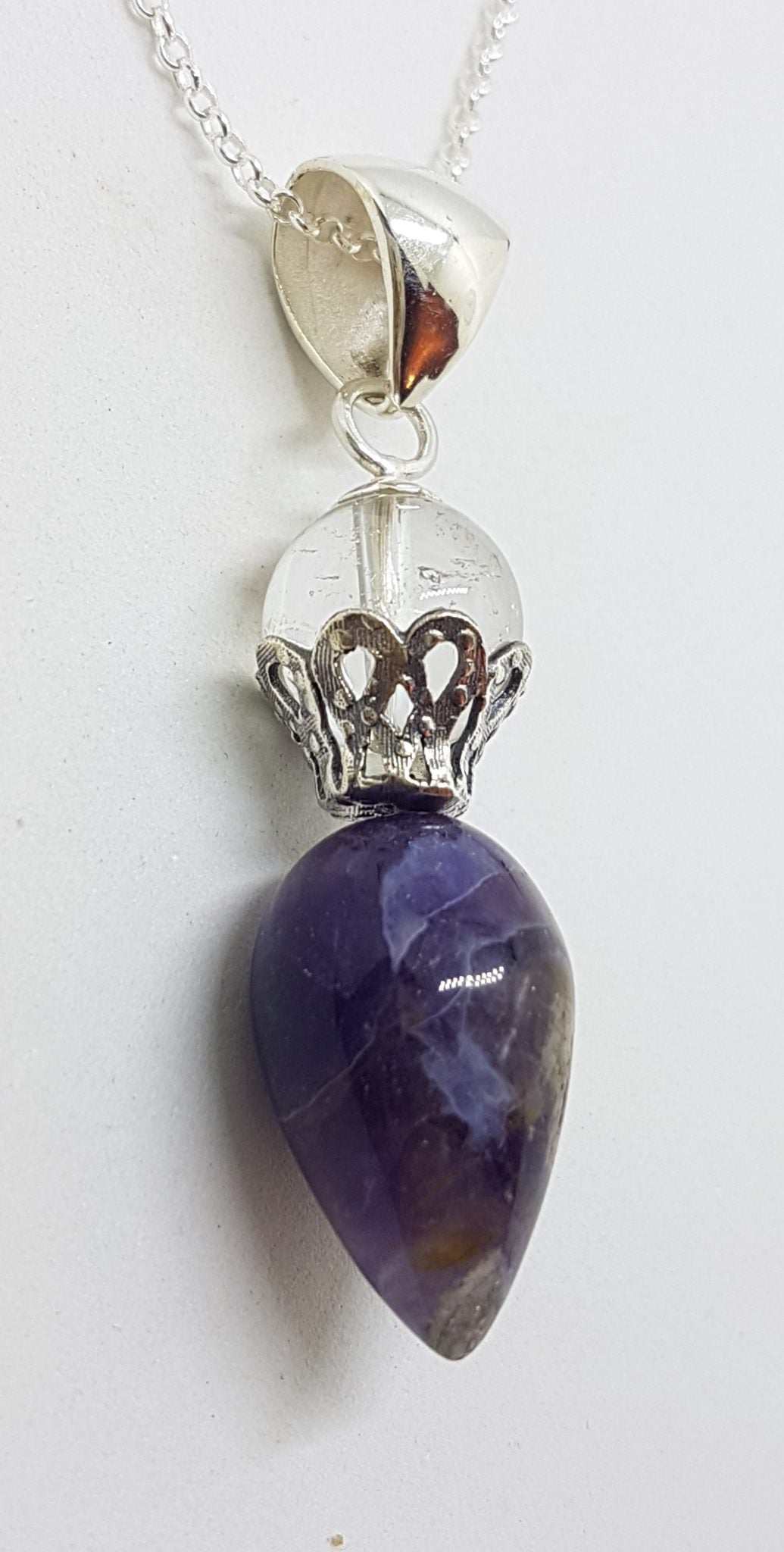 Sterling Silver Amethyst &amp; Clear Crystal Quartz Pendulum Pendant on Silver Chain