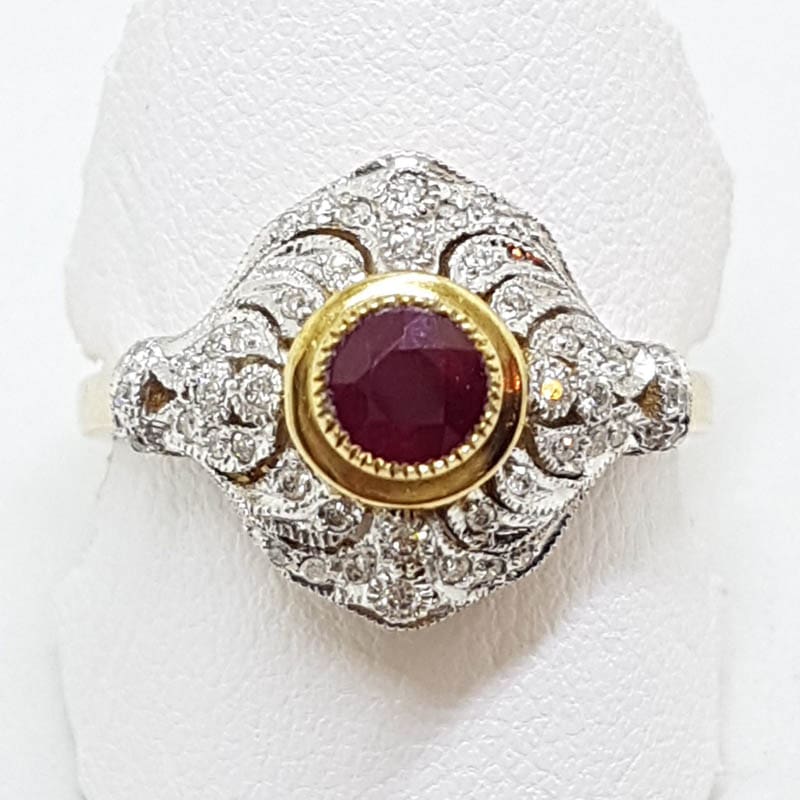 9ct Yellow Gold Natural Ruby &amp; Diamond Large Ornate Cluster Art Deco Style Ring