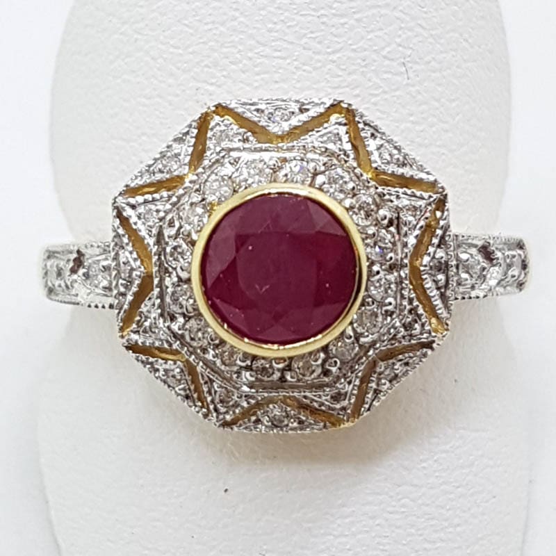 9ct Yellow Gold and White Gold Natural Ruby &amp; Diamond Large Ornate Patterned Cluster Ring