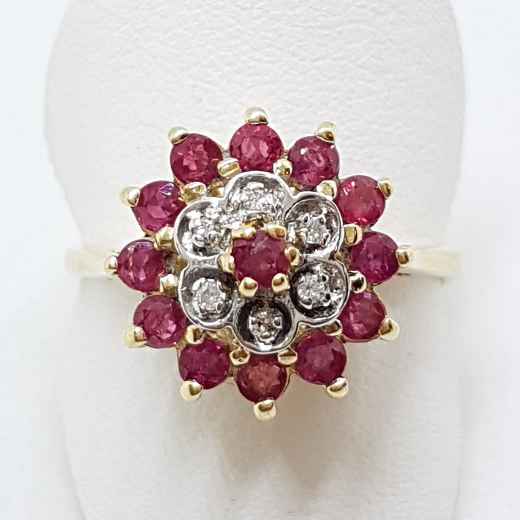 9ct Yellow Gold Natural Ruby &amp; Diamond Round Cluster Ring