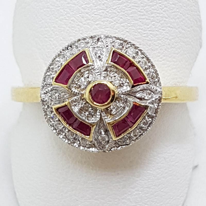 9ct Yellow Gold Natural Ruby &amp; Diamond Round Cluster Art Deco Style Ring