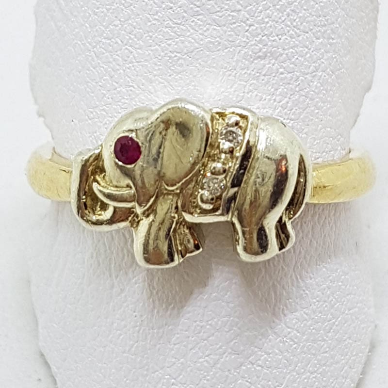 9ct Yellow &amp; White Gold Natural Ruby &amp; Diamond Elephant Ring