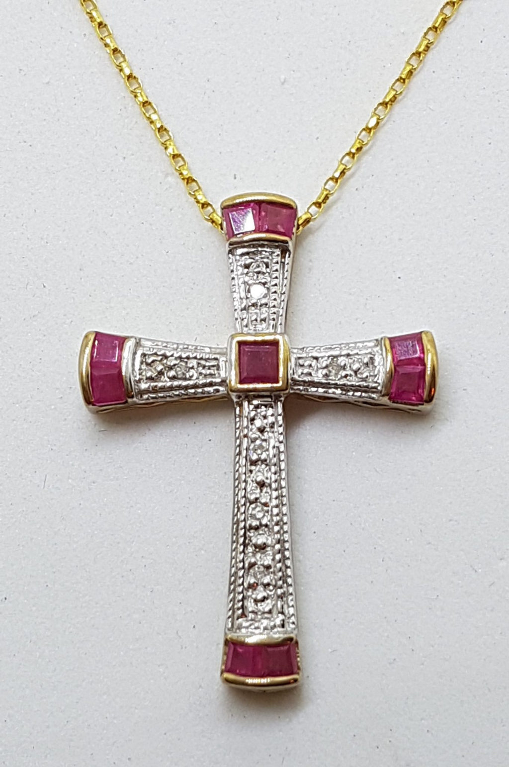9ct Yellow Gold Natural Ruby &amp; Diamond Cross / Crucifix Pendant on Gold Chain