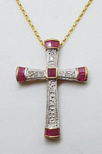 9ct Yellow Gold Natural Ruby &amp; Diamond Cross / Crucifix Pendant on Gold Chain