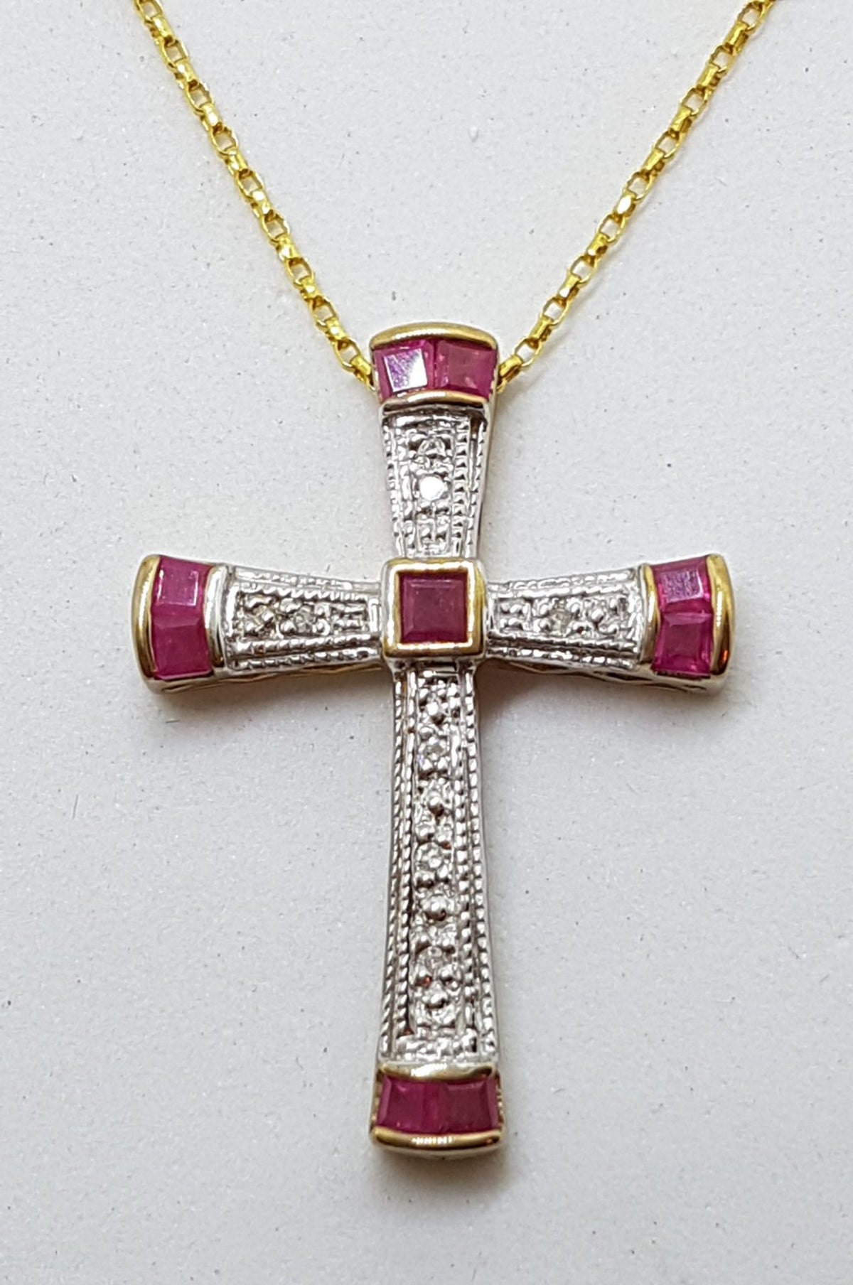 9ct Yellow Gold Natural Ruby &amp; Diamond Cross / Crucifix Pendant on Gold Chain