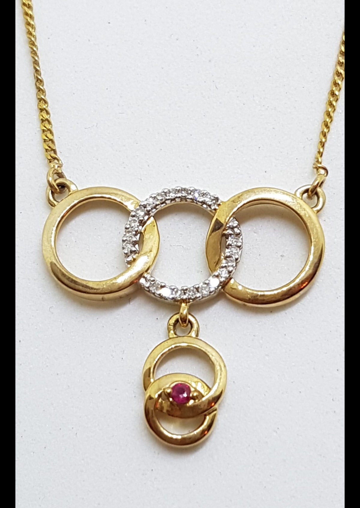 9ct Yellow Gold Natural Ruby & Diamond Hoops / Circles / Rings Necklace