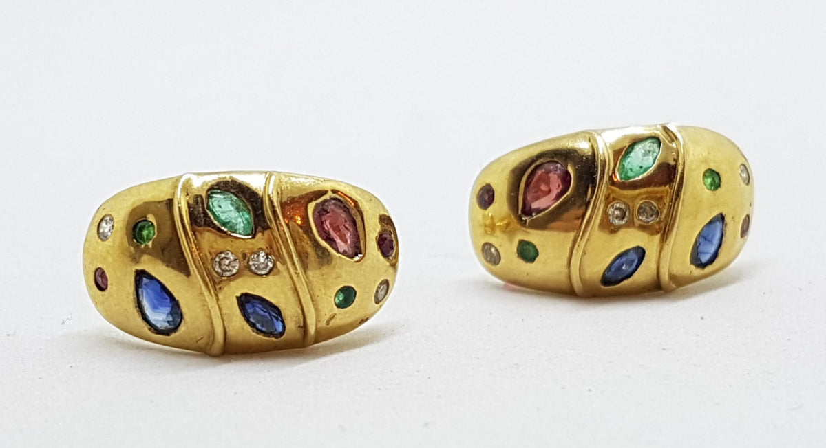 9ct Yellow Gold Ruby, Emerald, Sapphire &amp; Diamond Studs / Earrings