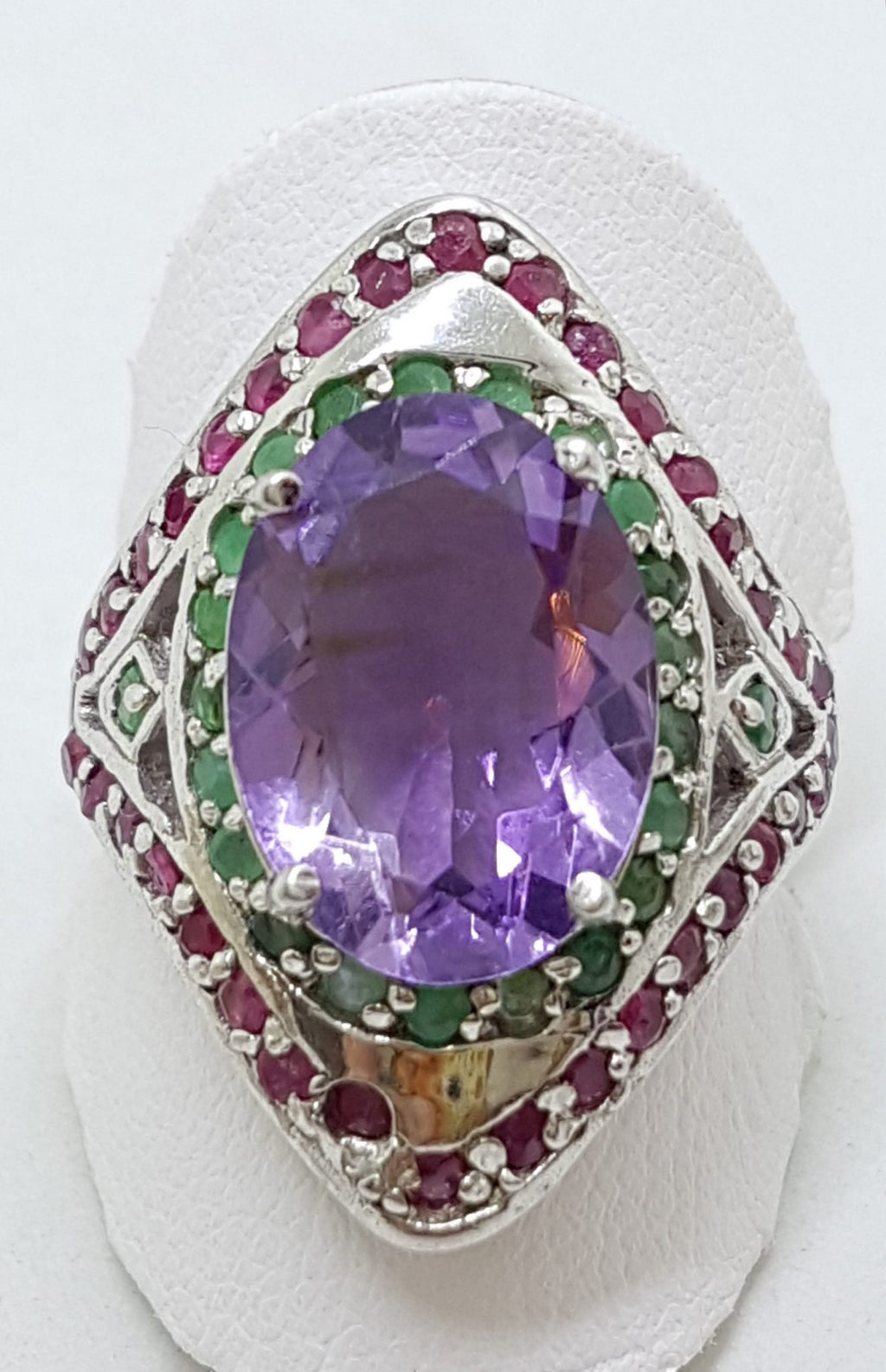 Sterling Silver Ruby, Emerald and Amethyst Large Cluster Ring