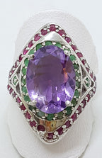 Sterling Silver Ruby, Emerald and Amethyst Large Cluster Ring