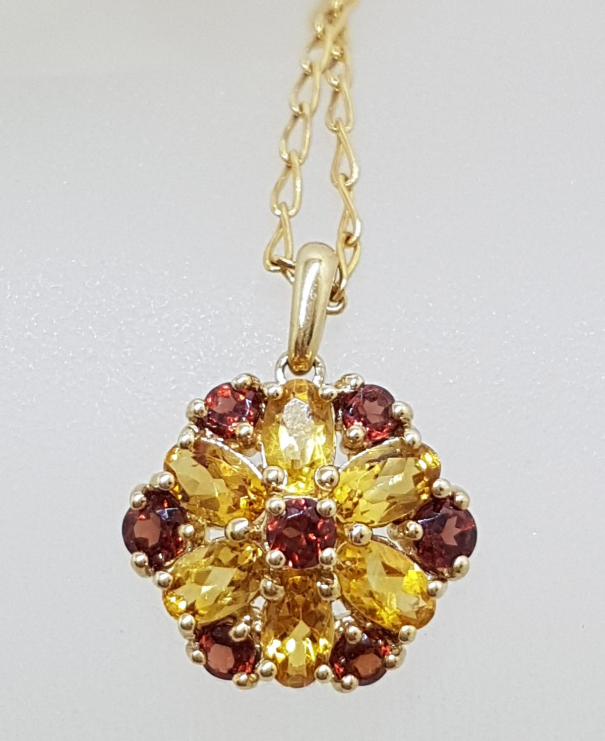 9ct Yellow Gold Garnet &amp; Citrine Flower Cluster Pendant on Gold Chain