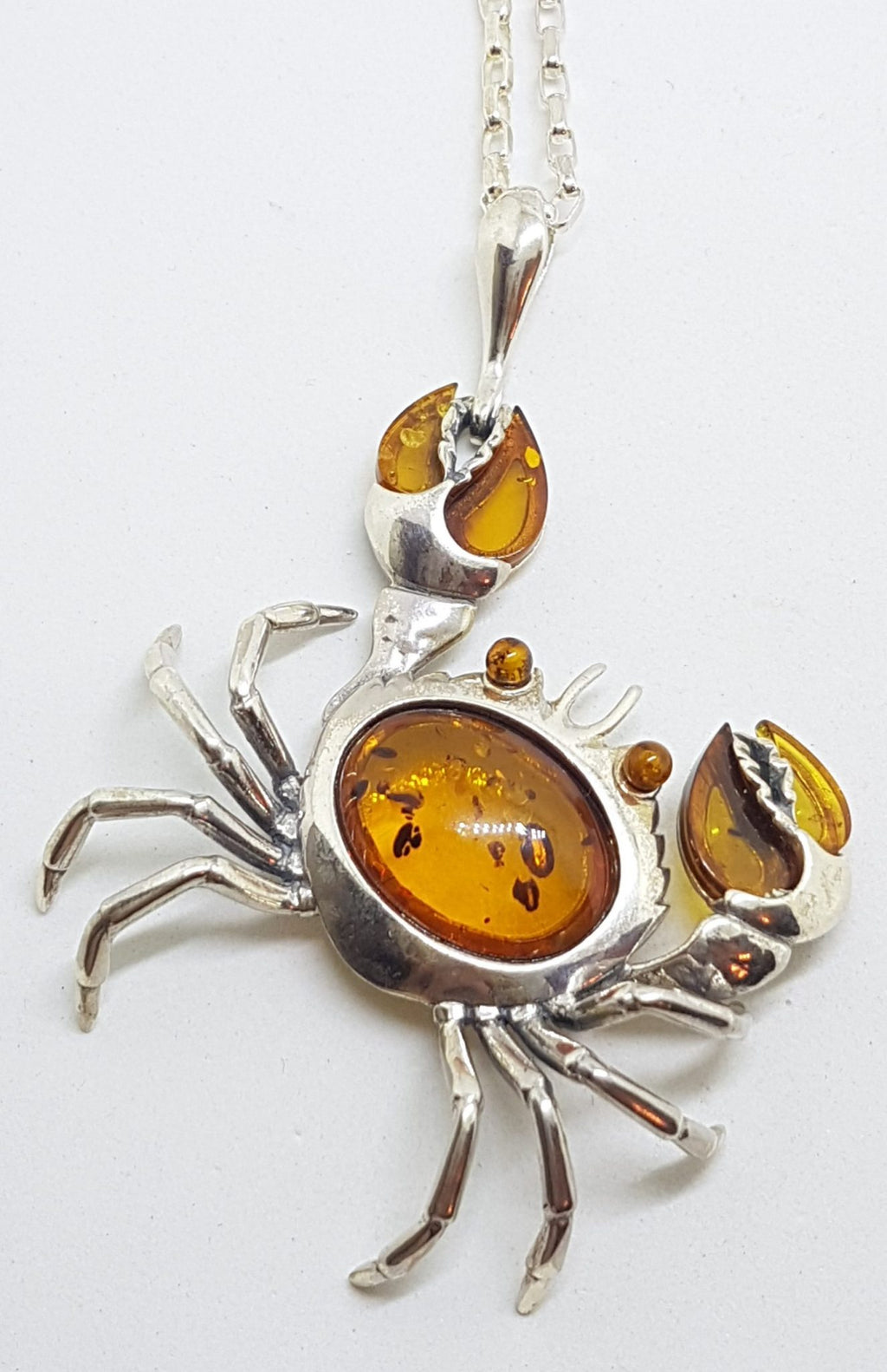 Sterling Silver Large Amber Crab Pendant on Sterling Silver Chain