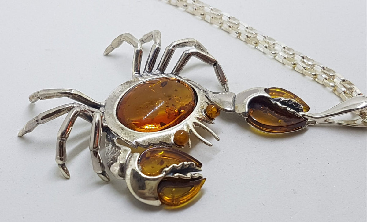 Sterling Silver Large Amber Crab Pendant on Sterling Silver Chain