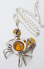 Sterling Silver Large Amber Crab Pendant on Sterling Silver Chain