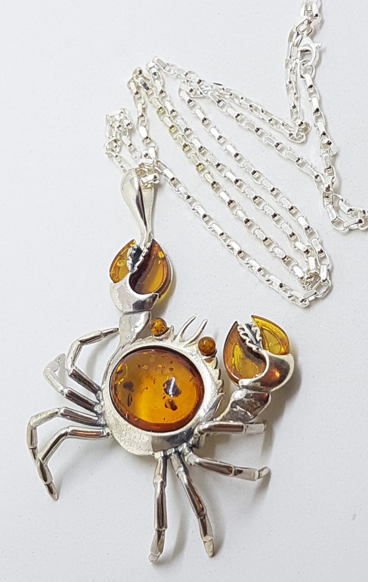 Sterling Silver Large Amber Crab Pendant on Sterling Silver Chain