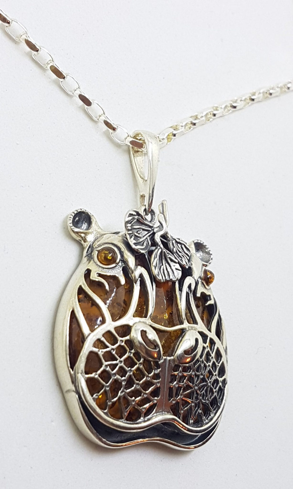 Sterling Silver Baltic Amber Large Hippo Pendant on Chain - Hippopotamus