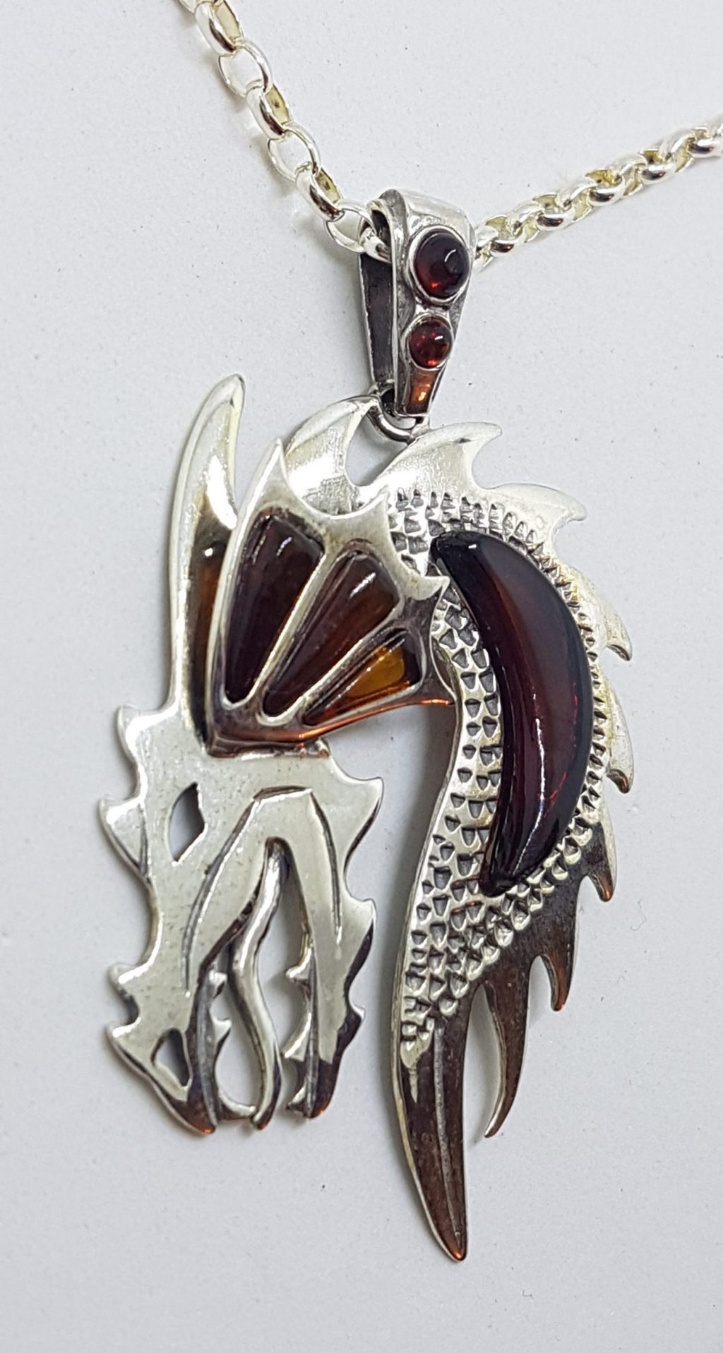 Sterling Silver and Amber Large Dragon Pendant on Chain