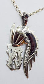 Sterling Silver and Amber Large Dragon Pendant on Chain