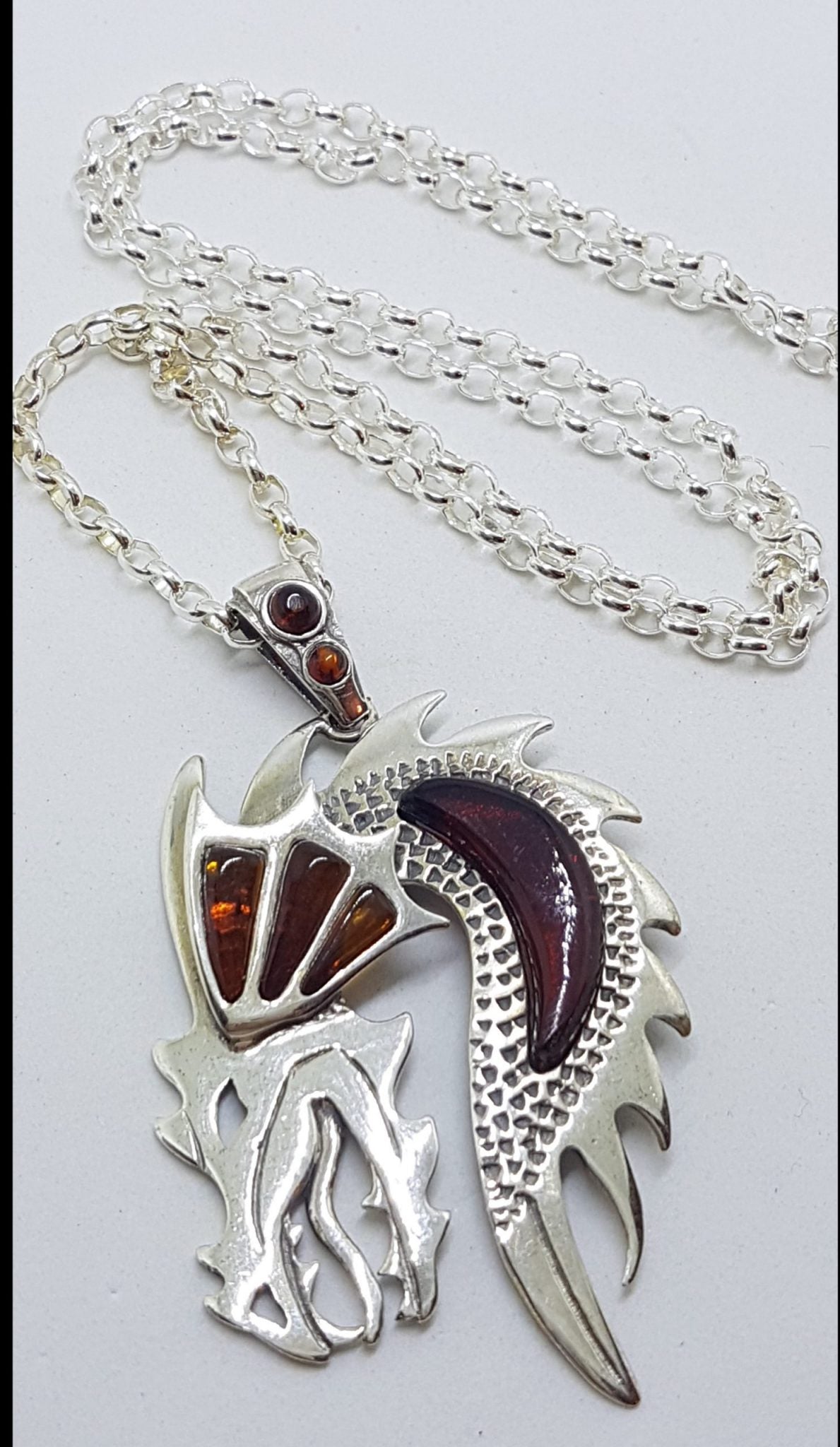 Sterling Silver and Amber Large Dragon Pendant on Chain