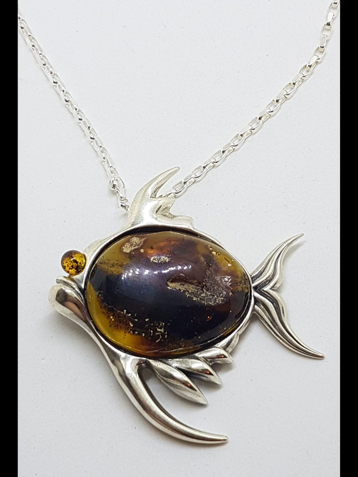 Sterling Silver Amber Large Fish Pendant on Sterling Silver Chain