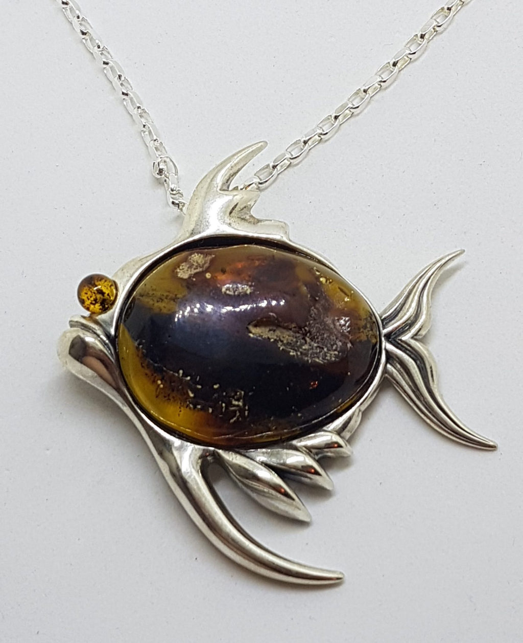 Sterling Silver Amber Large Fish Pendant on Sterling Silver Chain