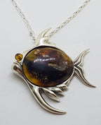 Sterling Silver Amber Large Fish Pendant on Sterling Silver Chain