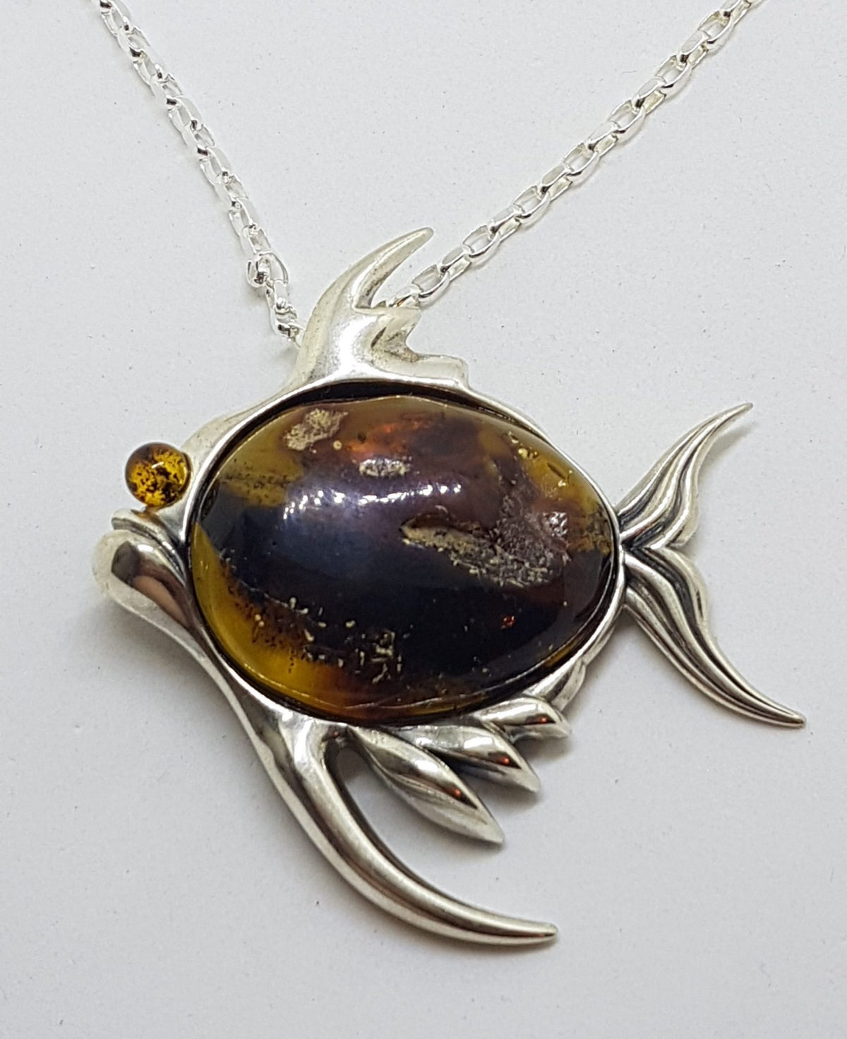Sterling Silver Amber Large Fish Pendant on Sterling Silver Chain
