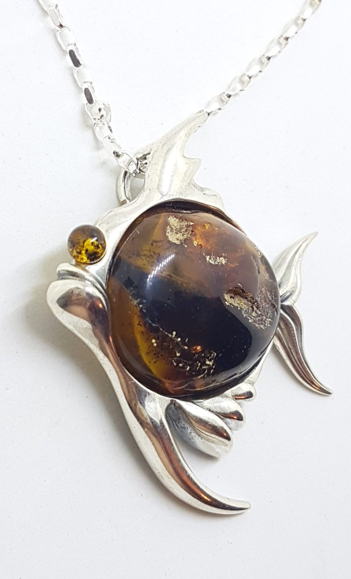 Sterling Silver Amber Large Fish Pendant on Sterling Silver Chain