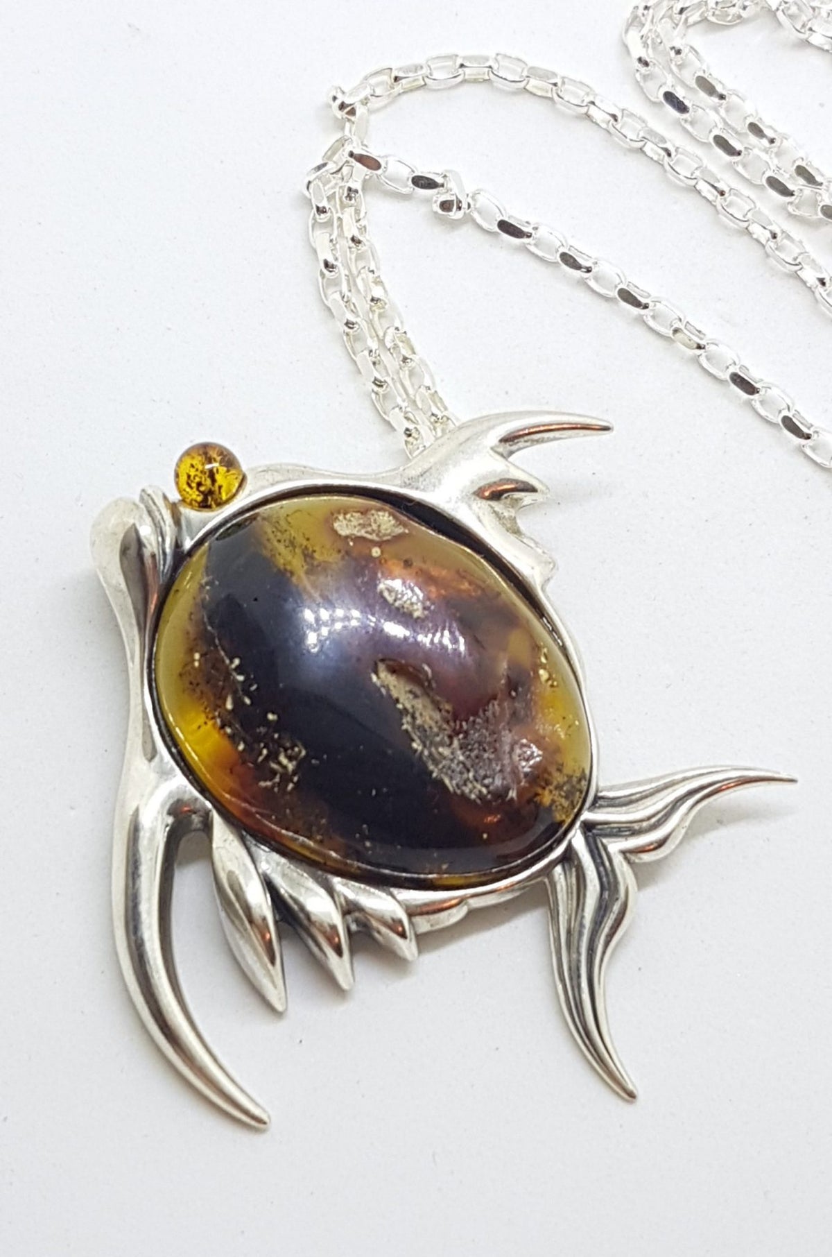 Sterling Silver Amber Large Fish Pendant on Sterling Silver Chain