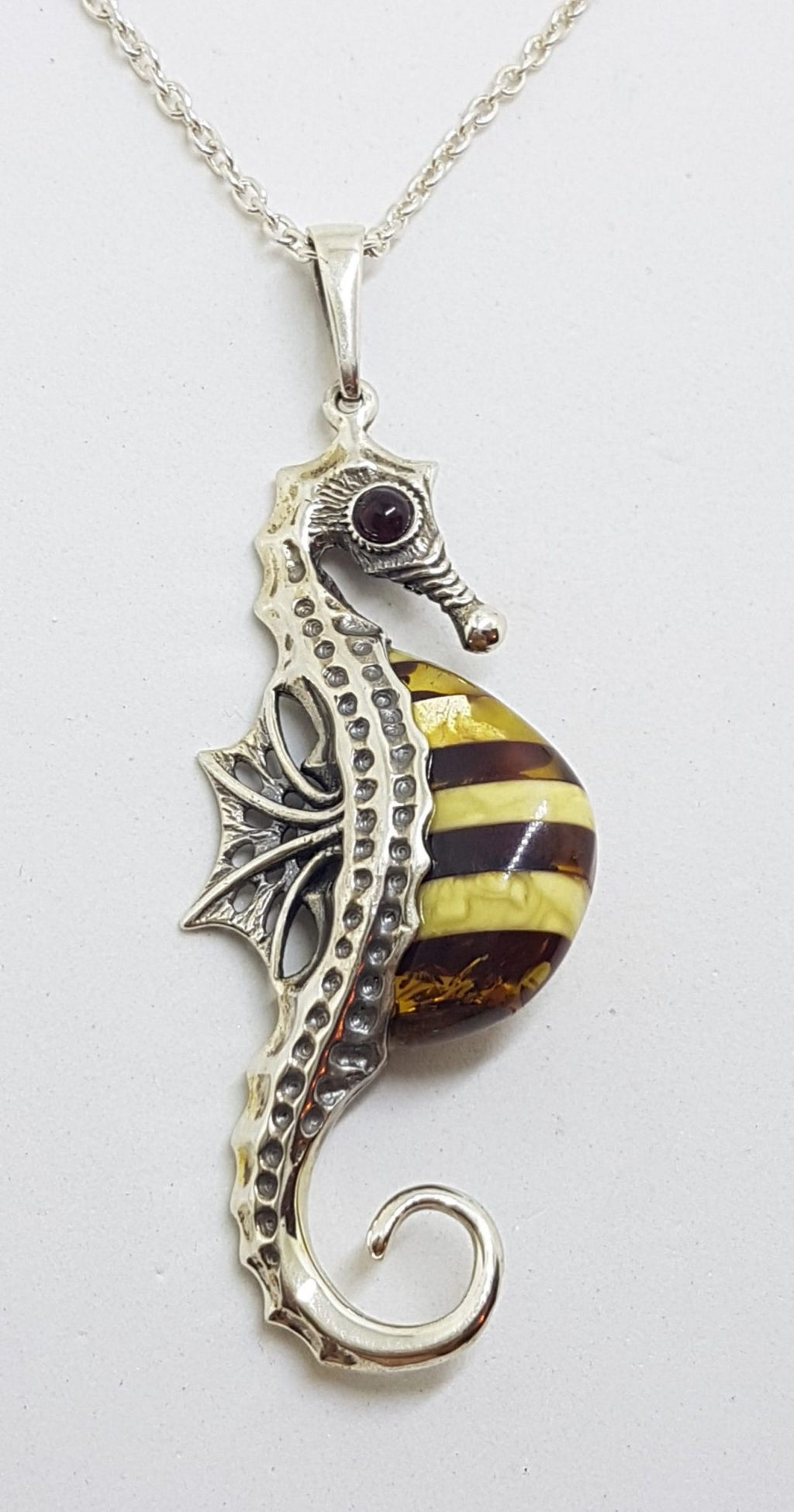 Sterling Silver and Amber Large Seahorse Pendant on Chain