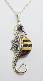 Sterling Silver and Amber Large Seahorse Pendant on Chain