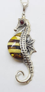 Sterling Silver and Amber Large Seahorse Pendant on Chain