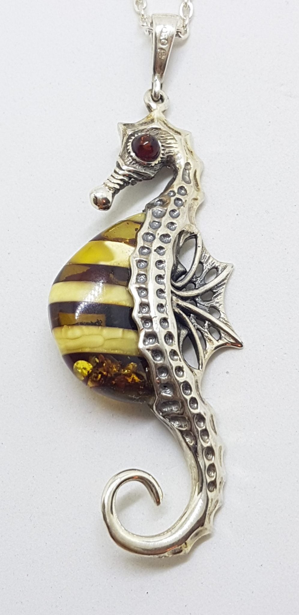 Sterling Silver and Amber Large Seahorse Pendant on Chain