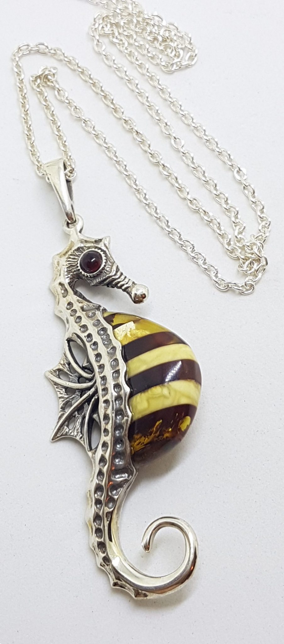Sterling Silver and Amber Large Seahorse Pendant on Chain