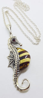 Sterling Silver and Amber Large Seahorse Pendant on Chain