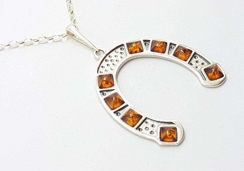 Sterling Silver and Amber Large Horseshoe Pendant on Chain