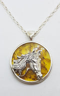 Sterling Silver Baltic Amber Round Horse Pendant on Chain