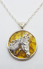 Sterling Silver Baltic Amber Round Horse Pendant on Chain