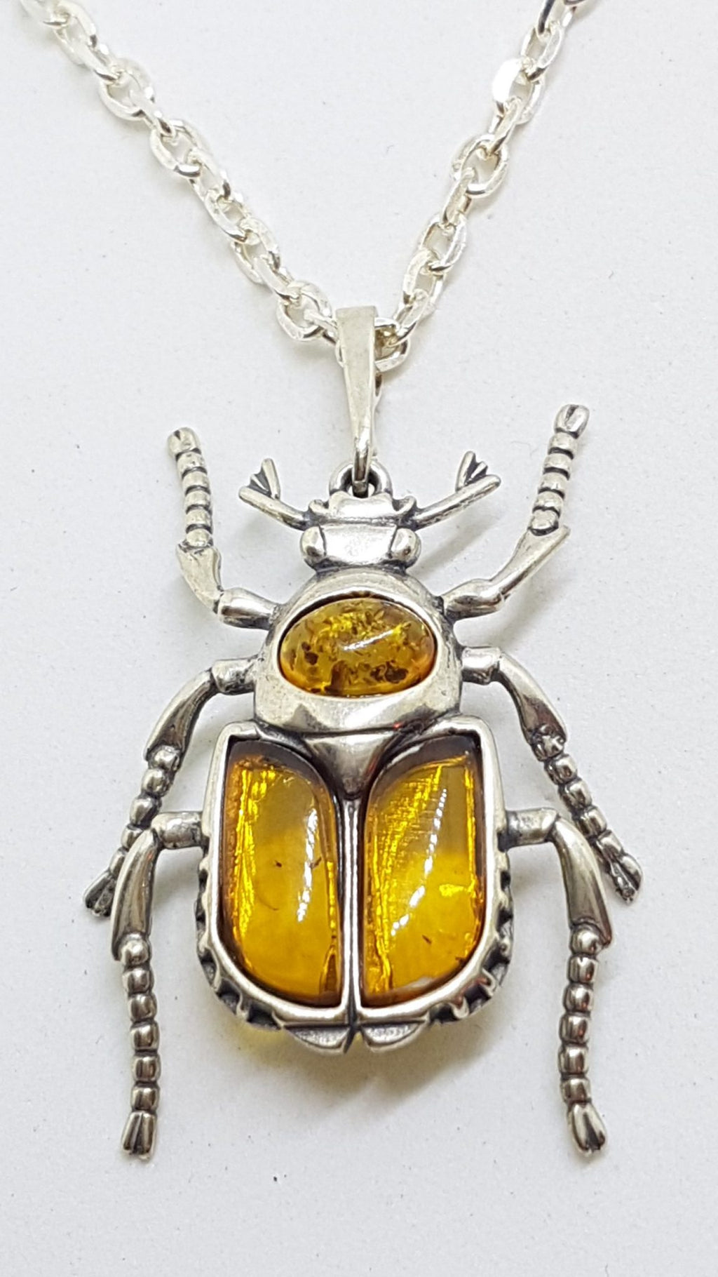 Sterling Silver Amber Scarab / Beetle Pendant on Sterling Silver Chain
