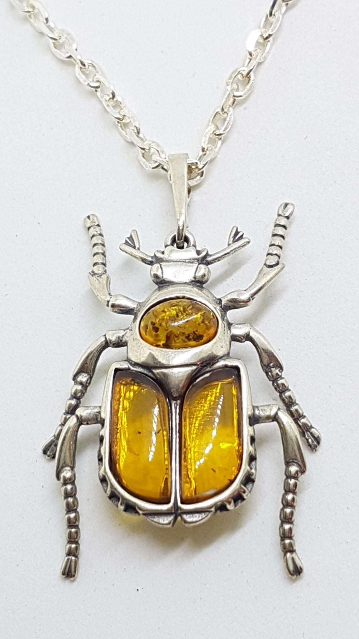 Sterling Silver Amber Scarab / Beetle Pendant on Sterling Silver Chain