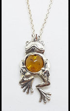 Sterling Silver Baltic Amber and CZ Frog Prince Pendant on Silver Chain - Comes in 2 sizes