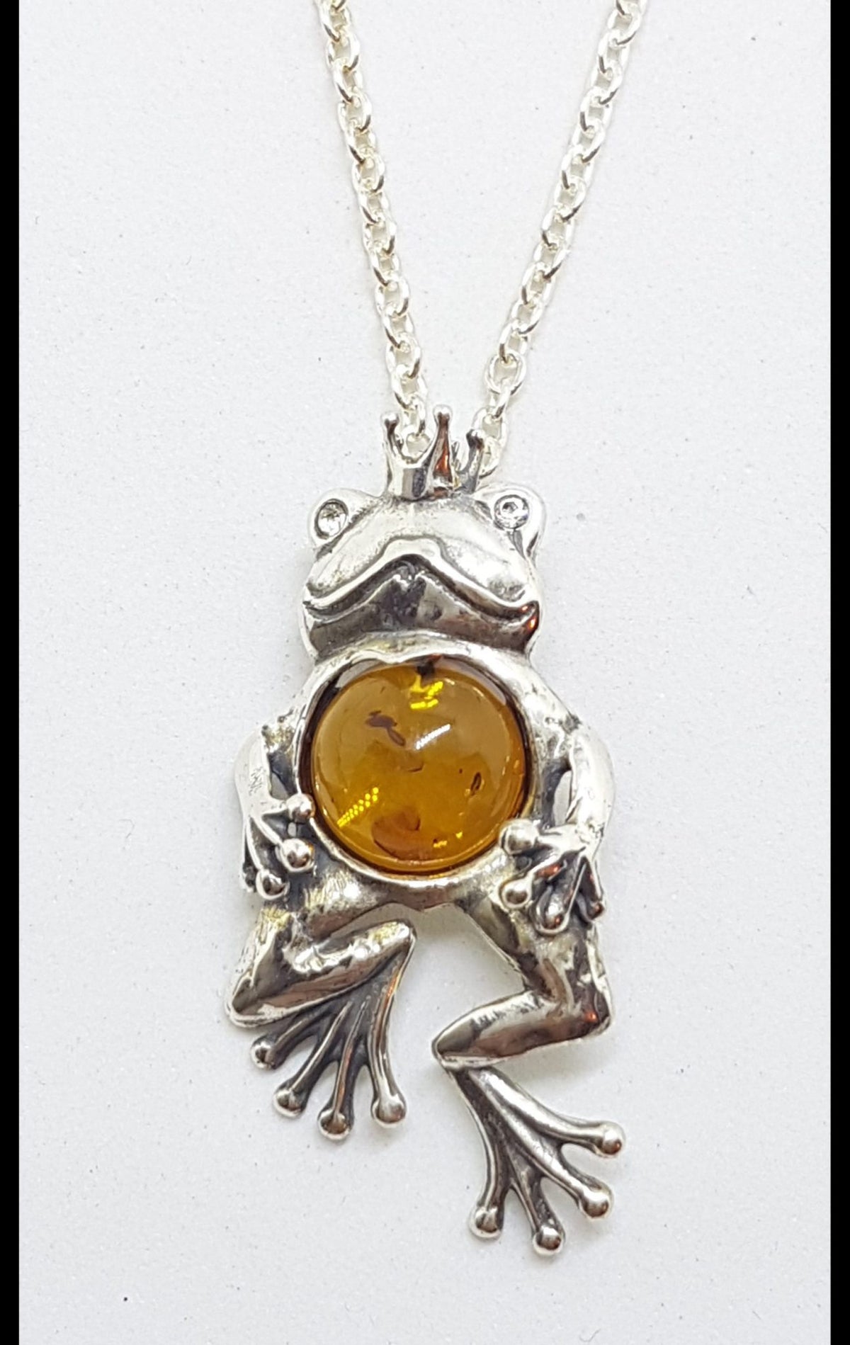 Sterling Silver Baltic Amber and CZ Frog Prince Pendant on Silver Chain - Comes in 2 sizes