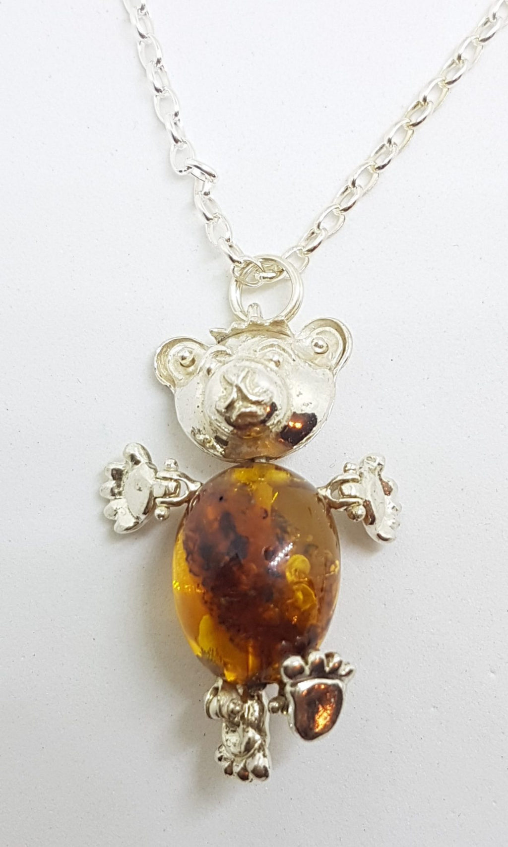 Sterling Silver Baltic Amber Teddy Bear Jointed Pendant on Silver Chain