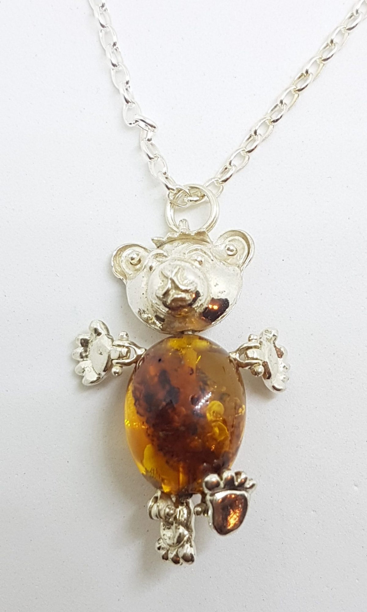 Sterling Silver Baltic Amber Teddy Bear Jointed Pendant on Silver Chain