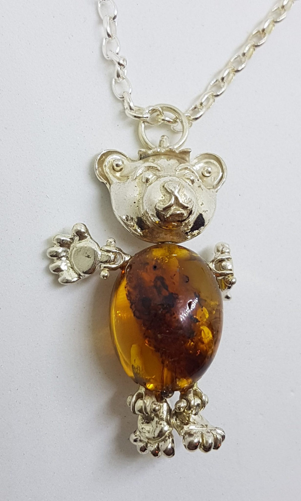 Sterling Silver Baltic Amber Teddy Bear Jointed Pendant on Silver Chain