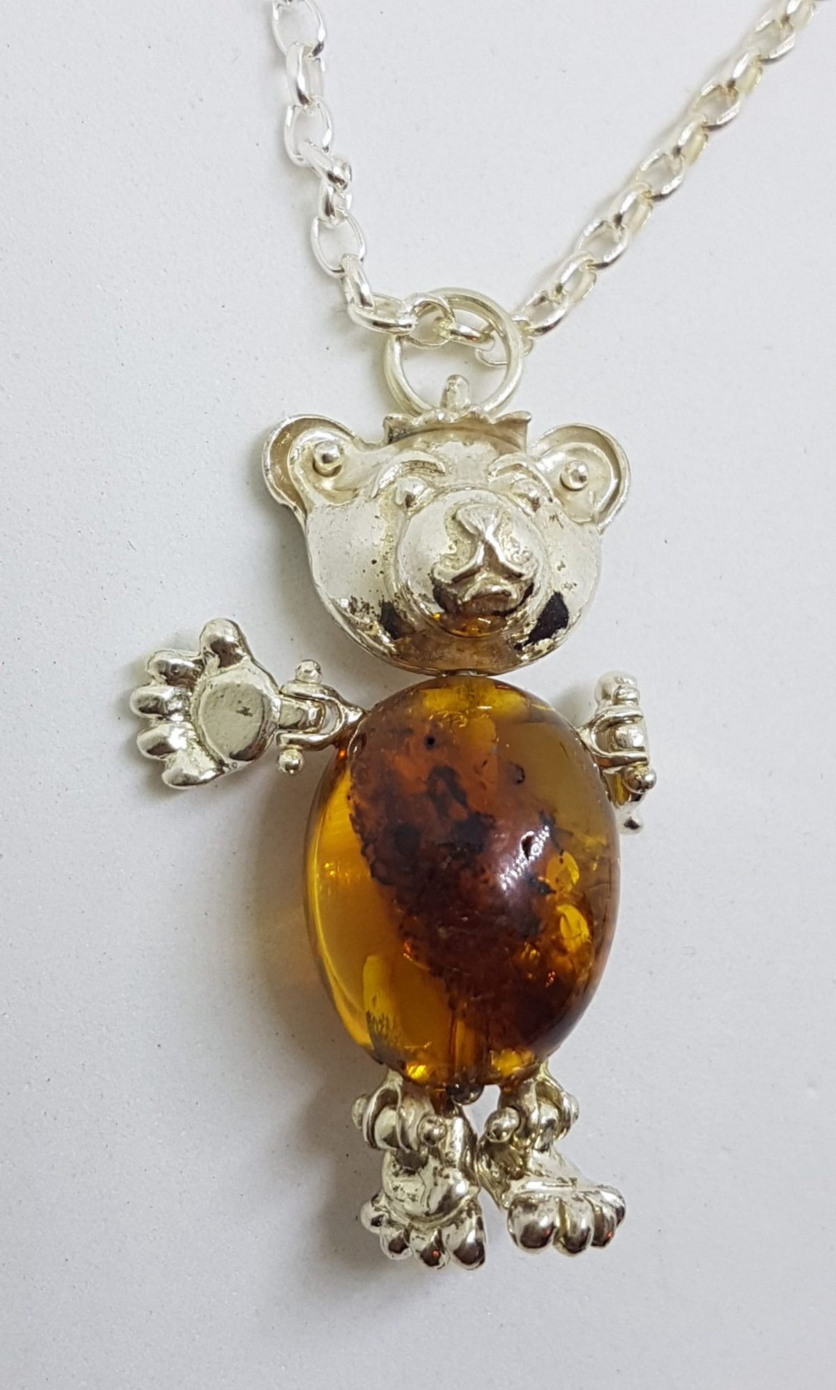 Sterling Silver Baltic Amber Teddy Bear Jointed Pendant on Silver Chain