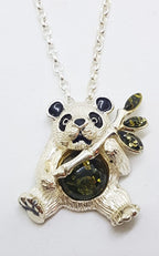 Sterling Silver Green Baltic Amber Panda with Bamboo Pendant on Silver Chain